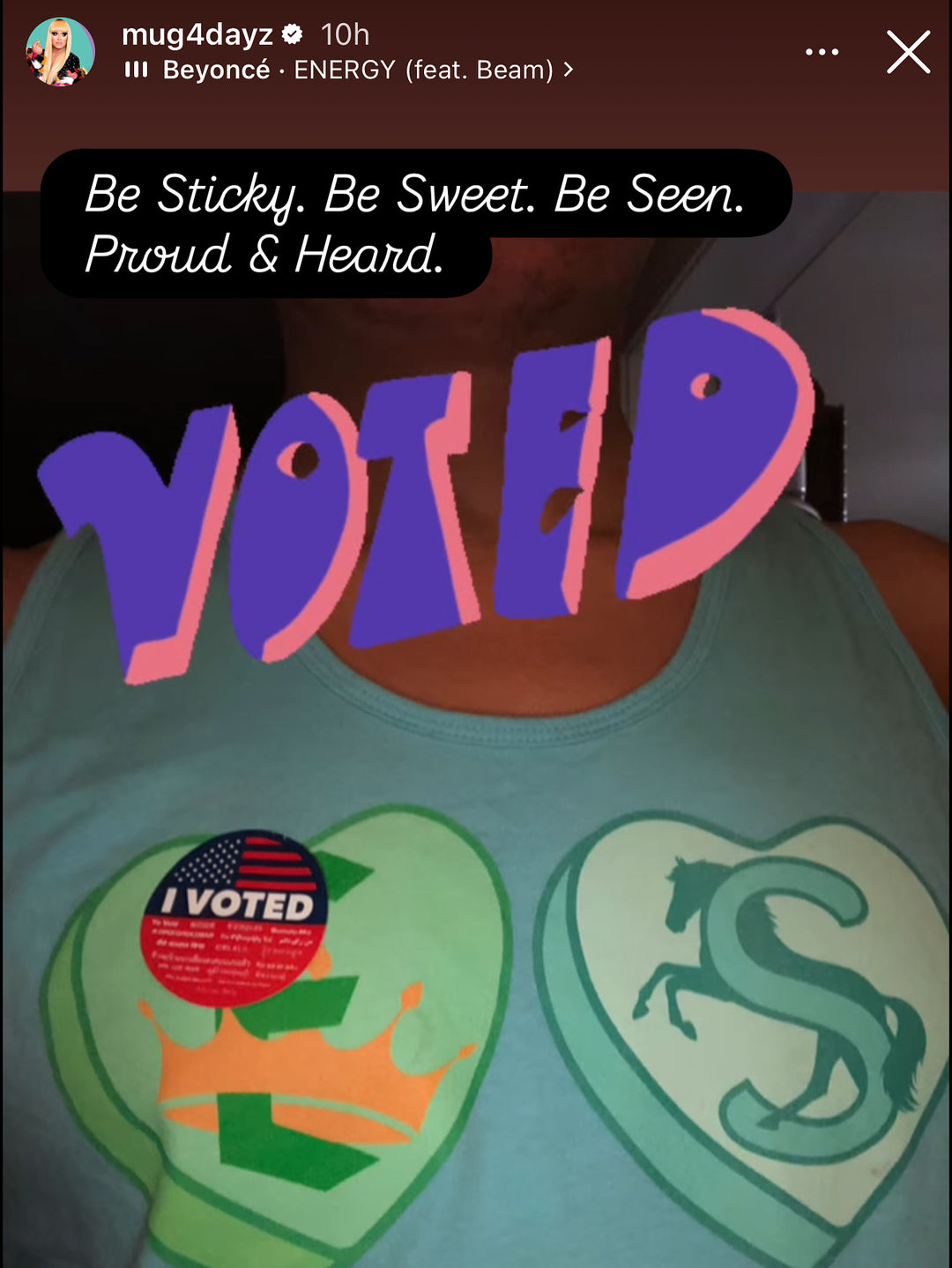 Person wearing a shirt with 'I Voted' sticker and colorful text overlay