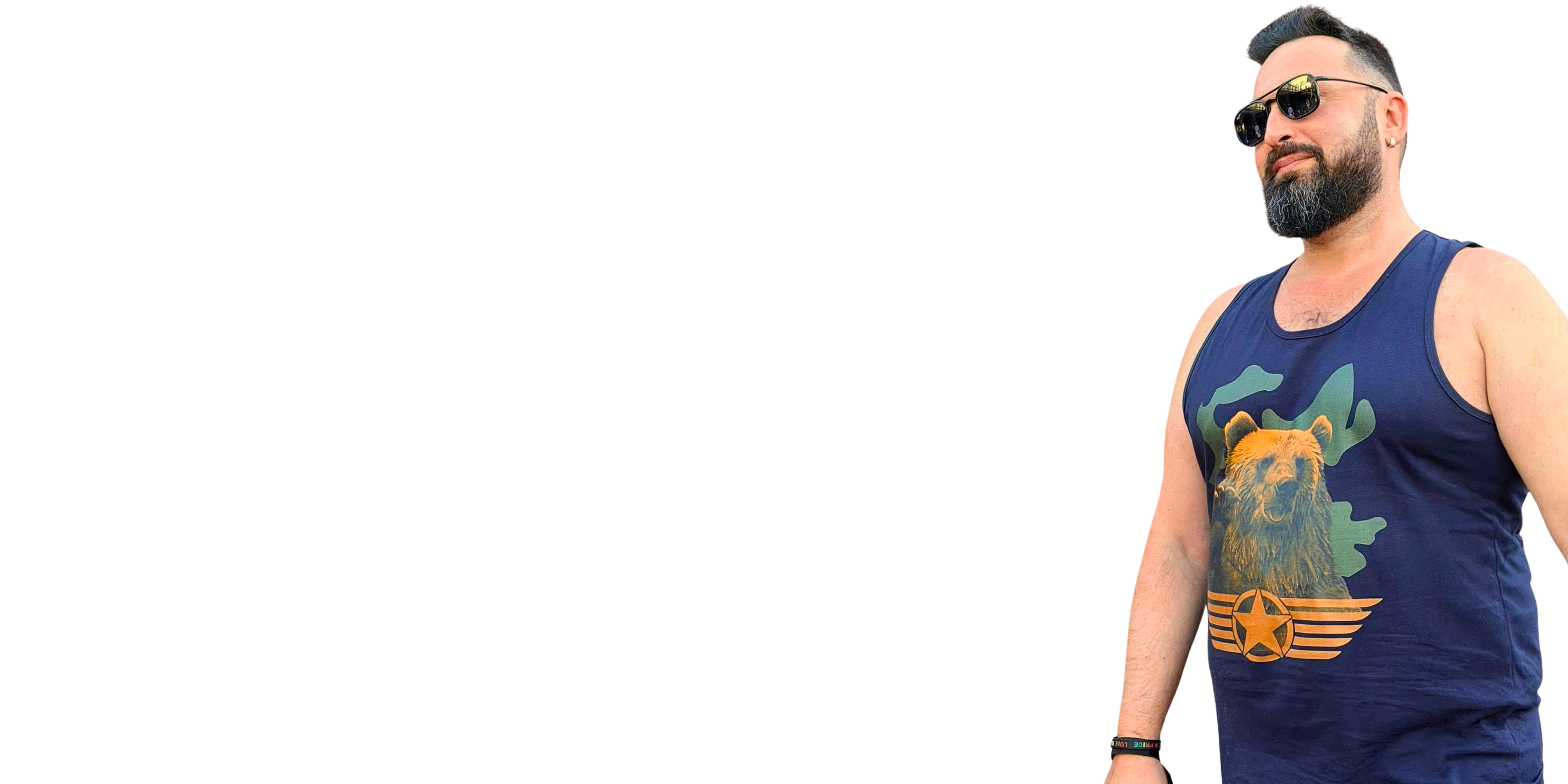 Man wearing a navy blue tank top with a bear graphic on a white background